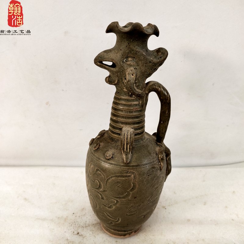 宋瓷磁州窑酱色釉凤首瓶陶瓷酒瓶摆件