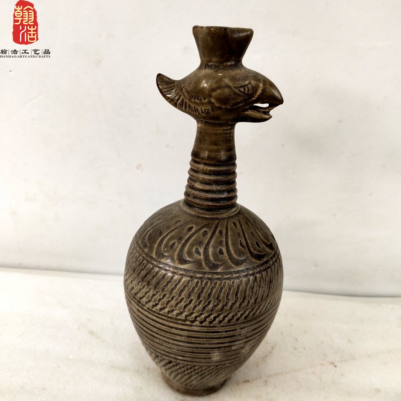 宋瓷磁州窑酱色釉凤首瓶陶瓷酒器酒具