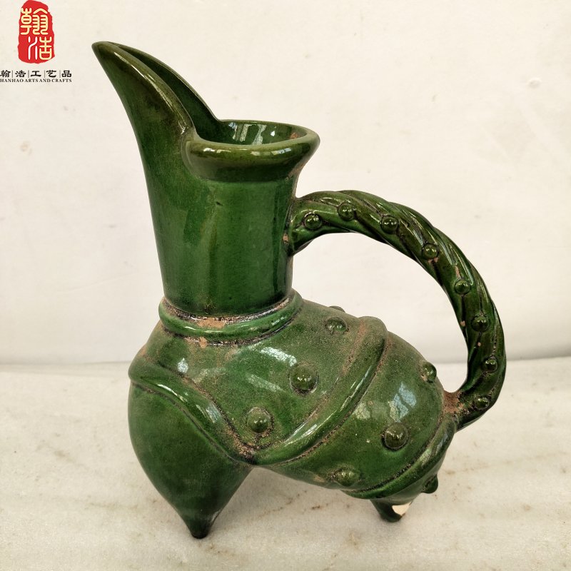 唐三彩绿釉兽足鼓钉酒壶陶瓷摆件酒文化工艺品